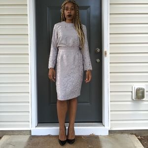 Metallic Silver 2 Piece Skirt Suit